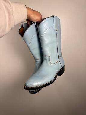 American Vintage Light Blue Leather Western Mid Calf Cowboy Boots, Women's US 6